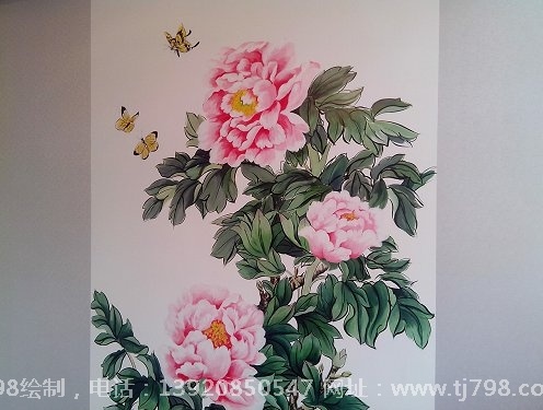荷花与牡丹餐厅背景墙彩绘 - 天津798彩绘工作室